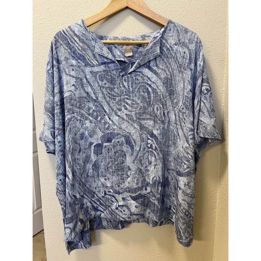 CHICOS Women’s Size 2 (US 12) Tunic Pullover Top Batwings Blue Casual Stretch
